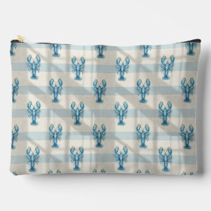 Blue Watercolor Lobster Pattern on Coastal Stripe Accessory Pouch