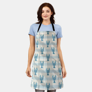 Blue Watercolor Lobster Pattern on Coastal Stripe Apron