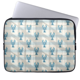 Blue Watercolor Lobster Pattern on Coastal Stripe Laptop Sleeve