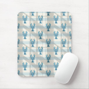 Blue Watercolor Lobster Pattern on Coastal Stripe Mouse Pad