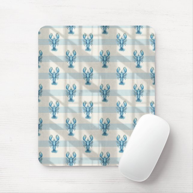 Blue Watercolor Lobster Pattern on Coastal Stripe Mouse Pad (With Mouse)