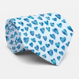 Blue Watercolor Love Heart Pattern Tie