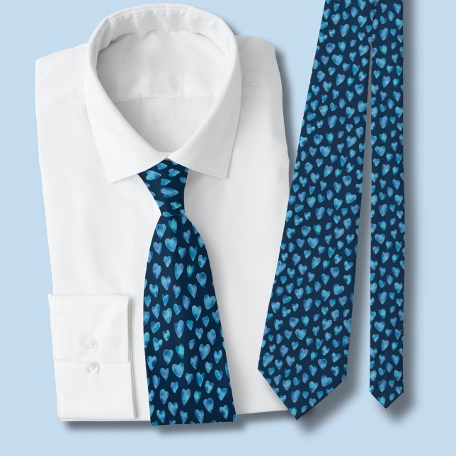 Blue Watercolor Love Heart Pattern Tie (Blue  watercolor love heart navy blue tie )