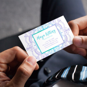 Blue Watercolor Mandala Elegant Damask Floral Text Business Card