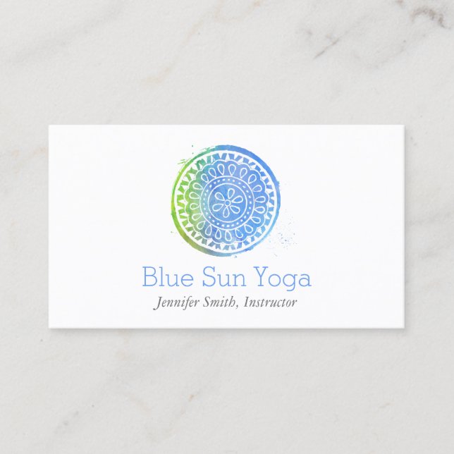 Blue Watercolor Mandala Yoga and Wellness Business Card (Front)