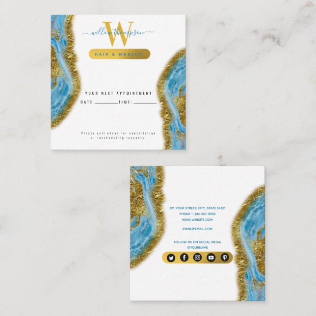 Blue Watercolor Marble Gold Foil Appointment Card (Front/Back)