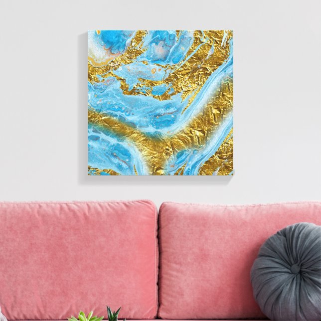 Blue Watercolor Marble & Gold Foil Canvas Print (Insitu(LivingRoom))