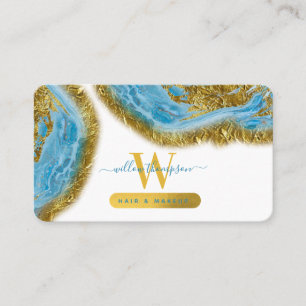 Blue Watercolor Marble & Gold Foil Hair & Makeup Business Card