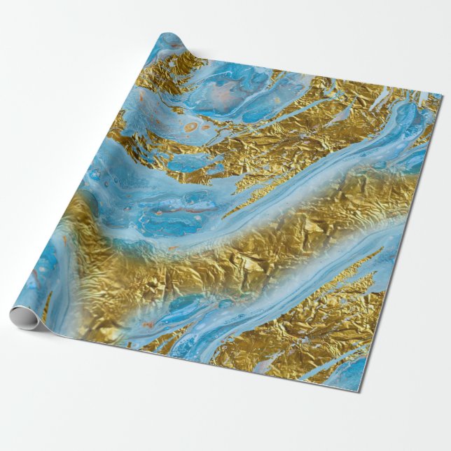 Blue Watercolor Marble & Gold Foil Wrapping Paper (Unrolled)