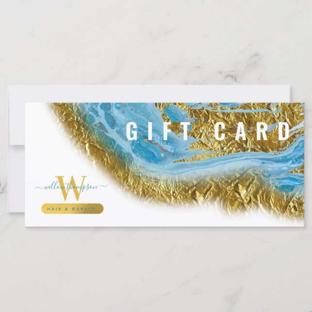 Blue Watercolor Marble Gold Hair Makeup Gift Card (Front)