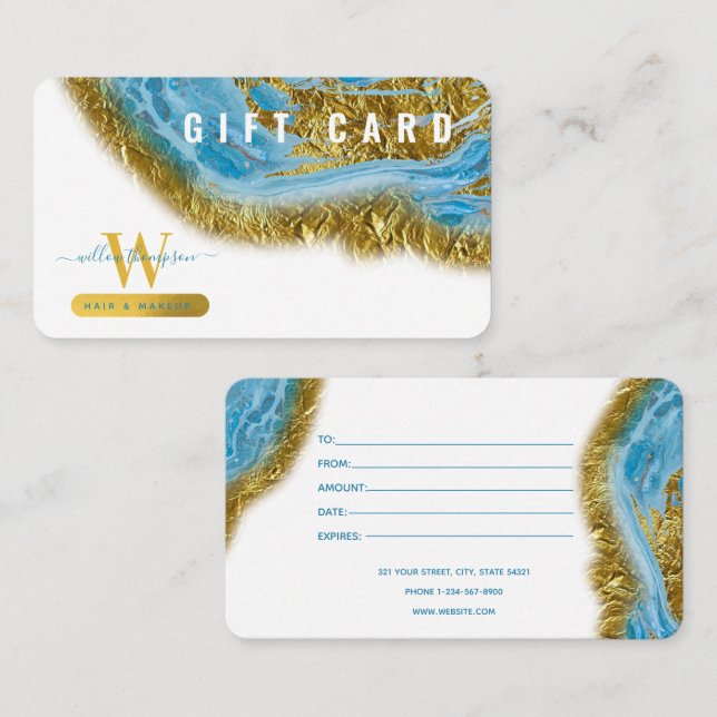 Blue Watercolor Marble Gold Hair Makeup Gift Card (Front/Back)
