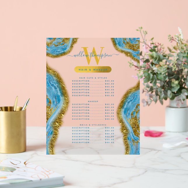 Blue Watercolor Marble & Gold Hair & Makeup Price  Acrylic Sign (Wedding)