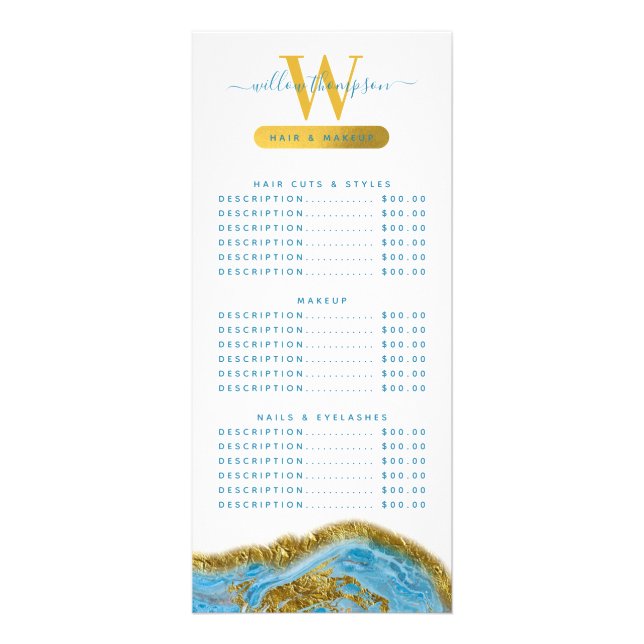 Blue Watercolor Marble & Gold Hair & Makeup Price  Rack Card (Front)