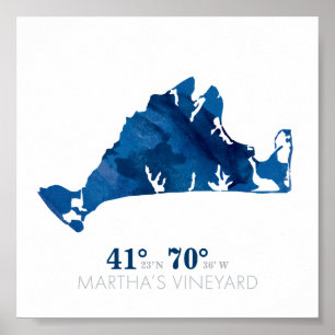 Blue Watercolor Martha's Vineyard Coordinates Poster