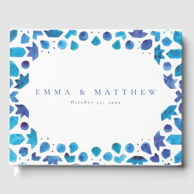Blue Watercolor Mediterranean Tile Guest Book (Front)
