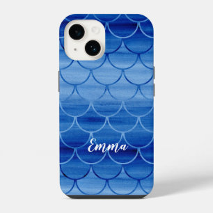 Blue Watercolor Mermaid Scale Pattern Custom Name iPhone 14 Case