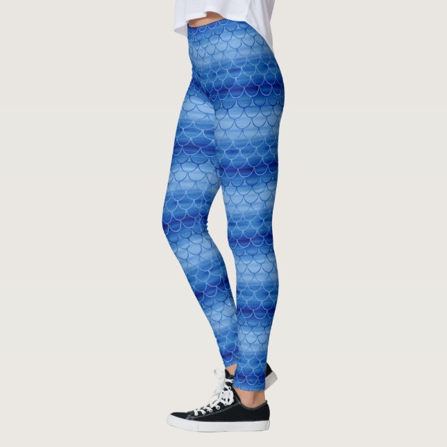 Blue Watercolor Mermaid Scale Pattern Leggings (Left)