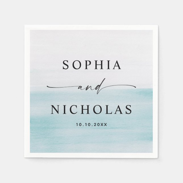 Blue Watercolor Minimalist Nautical Wedding Script Napkin (Front)