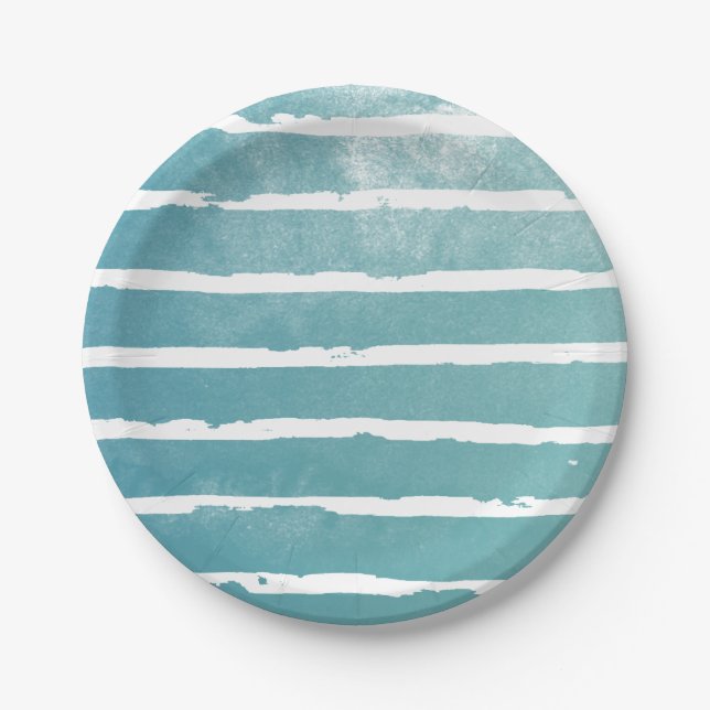 Blue Watercolor Modern Lines Pattern Paper Plate (Front)