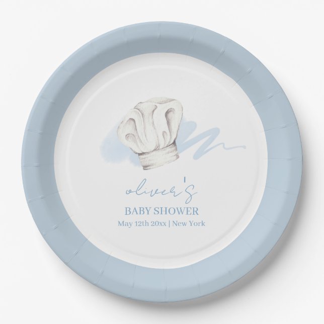 Blue Watercolor Modern Little Chef Baby Shower Paper Plate (Front)