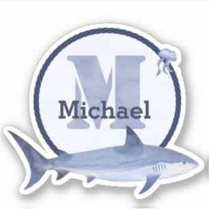 Blue Watercolor Monogram, Name, Shark & Jellyfish