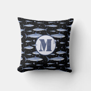 Blue Watercolor Monogram Shark Jellyfish Pattern Cushion