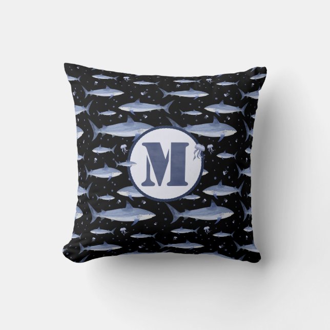 Blue Watercolor Monogram Shark Jellyfish Pattern Cushion (Front)