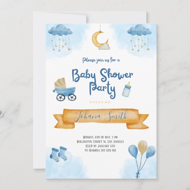 Blue Watercolor Moon and stars Baby Shower  Invitation (Front)
