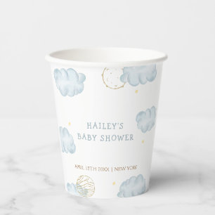 Blue Watercolor Moon Star Cloud Boy Baby Shower Paper Cups