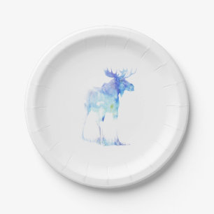 Blue watercolor Moose illustration Paper Plate