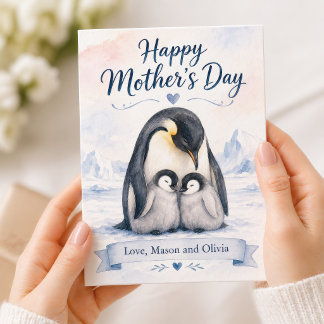 Blue Watercolor Mother's Day Penguin With Two Kids Card