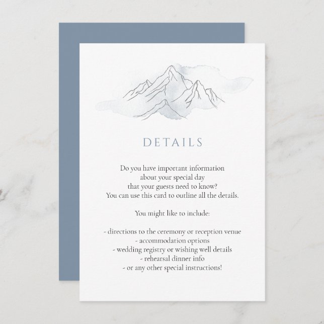 Blue Watercolor Mountain Nature Wedding Details Enclosure Card (Front/Back)