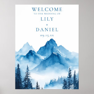 Blue Watercolor Mountain Wedding Welcome Sign