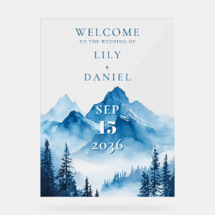 Blue Watercolor Mountains Wedding Welcome Acrylic Sign