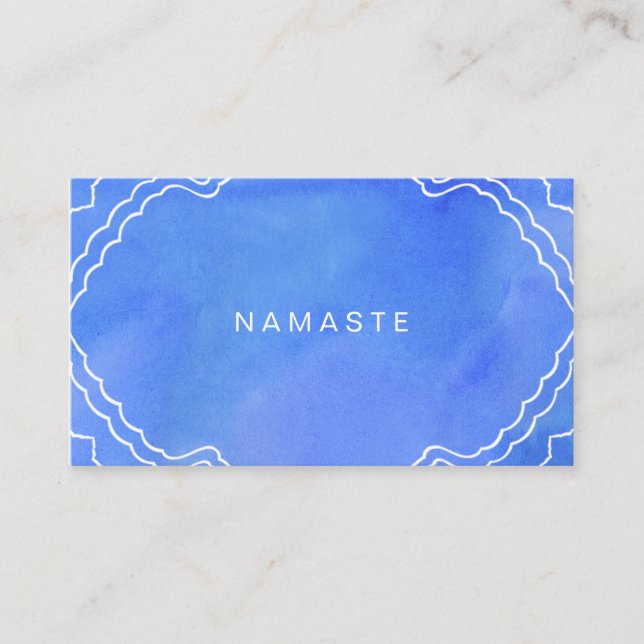 Blue Watercolor Namaste Yoga Instructor Business Card (Front)