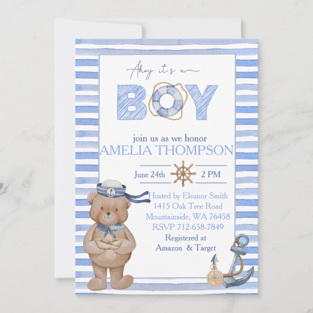 Blue watercolor nautical bear anchor baby shower invitation (Front)