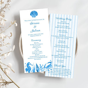 Blue Watercolor Nautical Coastal Stripe Wedding Programme