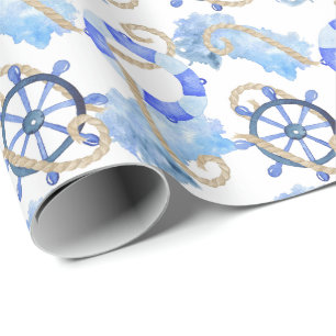 Blue watercolor nautical design with anchor, shell wrapping paper