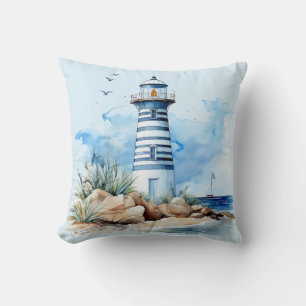 Blue Watercolor Nautical Lighthouse Throw Pillow