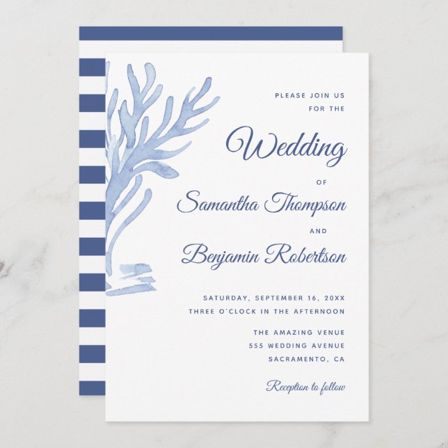Blue Watercolor Nautical Wedding Beach Theme Invitation (Front/Back)