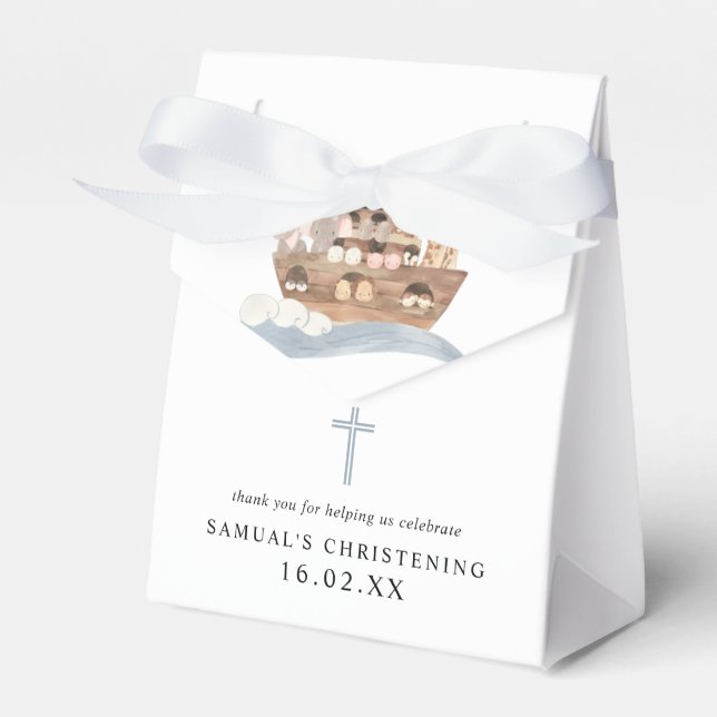 Blue Watercolor Noah's Ark Boy Christening  Favour Favour Box (Front Side)