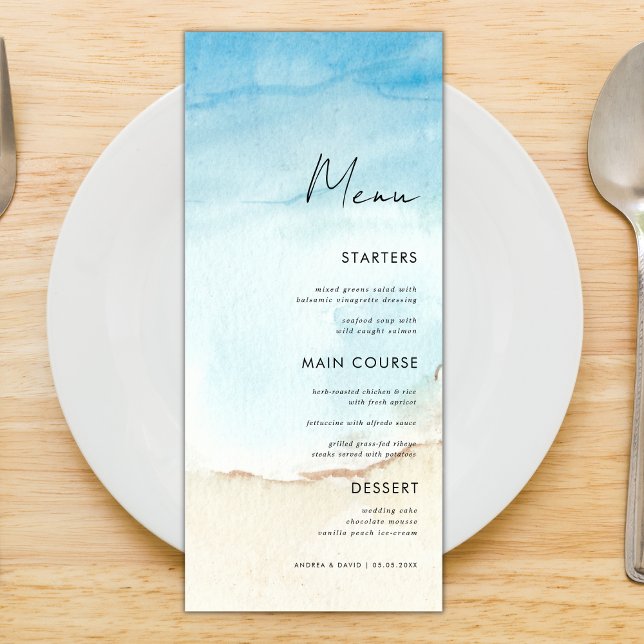 Blue Watercolor Ocean Beach Sand Wedding Dinner    Menu (Creator Uploaded)