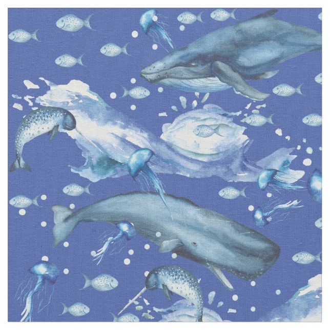 Blue Watercolor Ocean Marine Life Pattern Fabric (Close Up)