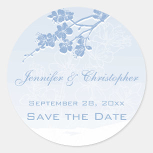 Blue Watercolor Ombre Spring Blossom Save the Date Classic Round Sticker