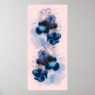 Blue Watercolor Original Oriental Flowers Painting Poster