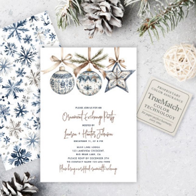 Blue Watercolor Ornament Exchange Holiday Party Invitation (Creator Uploaded)