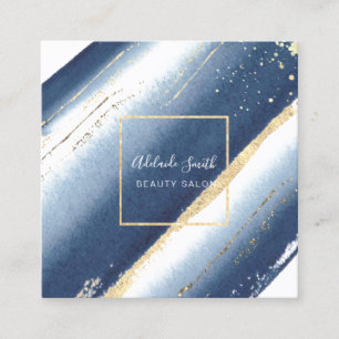 blue watercolor paint strokes and faux gold foil square business card