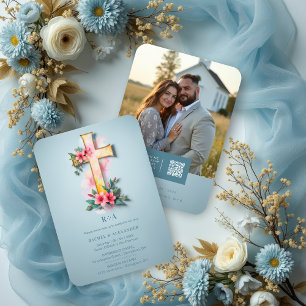 Blue Watercolor Pastel Floral Cross-Shape Wedding Invitation
