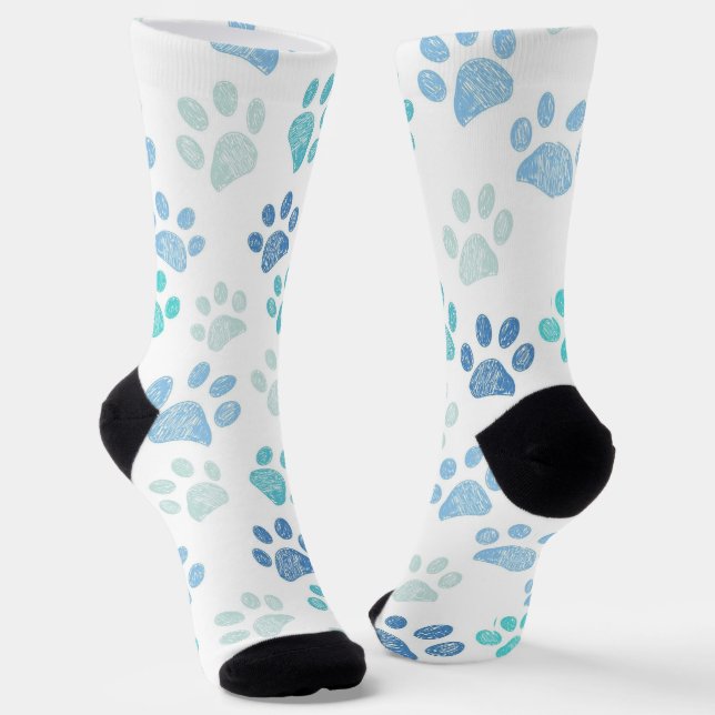 Blue Watercolor Paw Print Crew Socks (Angled)
