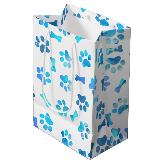 Blue Watercolor Paw Prints Birthday Medium Gift Ba Bag (Front Angled)
